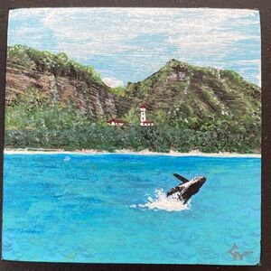 Vintage Original Painting of the Ocean Beach with Whale Breaching out of Water